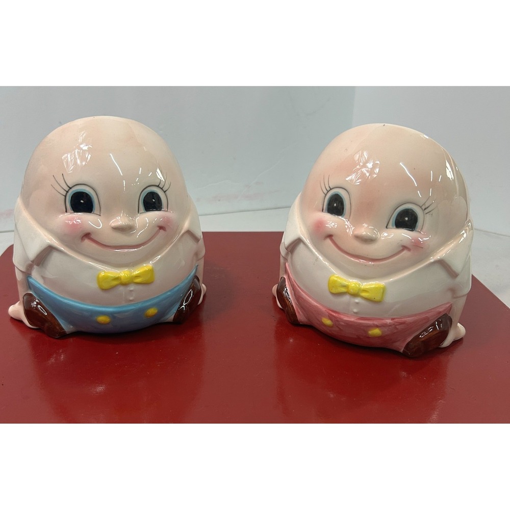 Vintage Humpty Dumpty Ceramic Planters Set of 2 Pink Blue Nursery Rhyme Kitsch - Picture 2 of 16